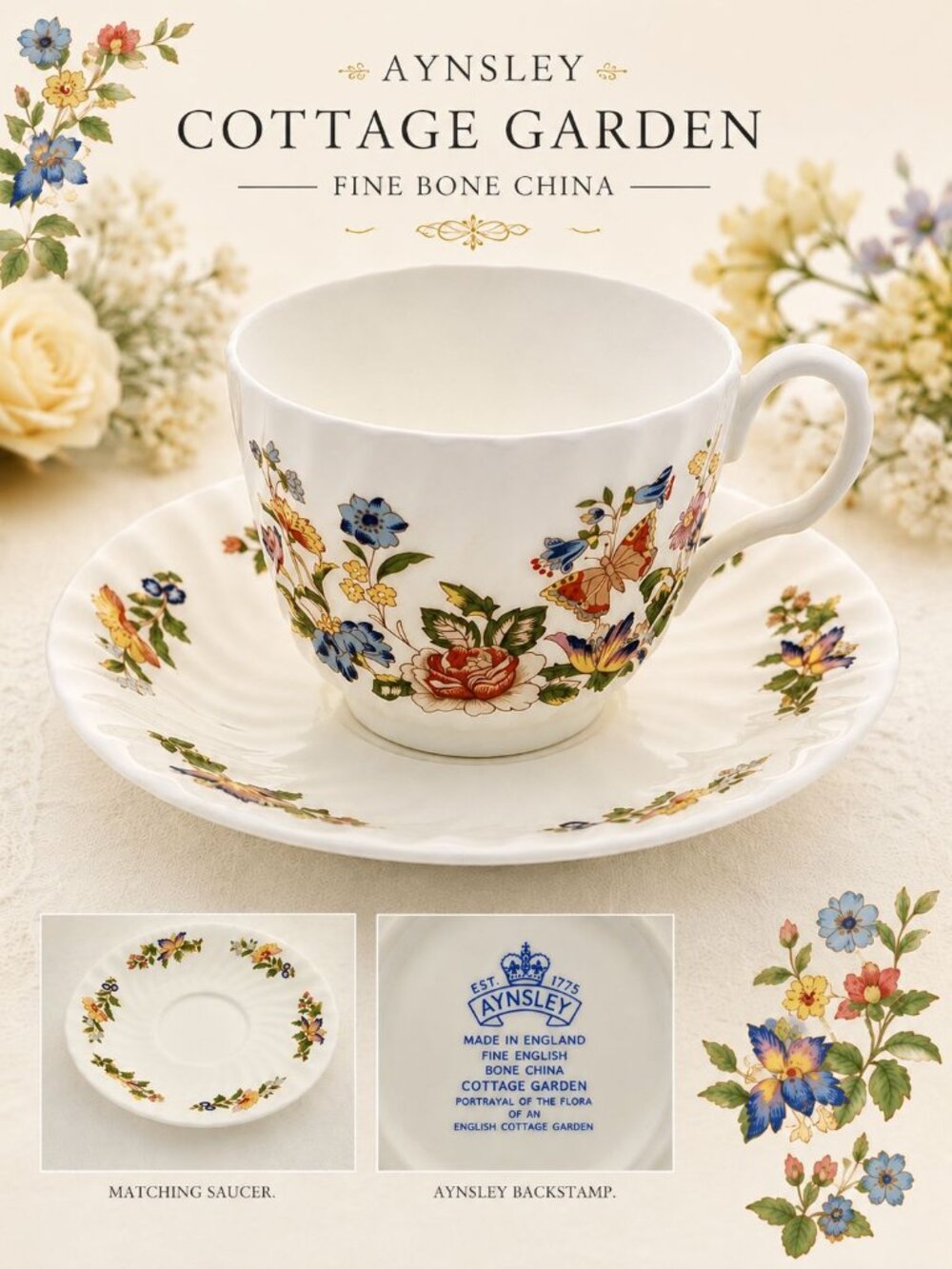 Aynsley Cottage Garden Fine Bone China Tea Cup & Saucer England Floral Butterfly